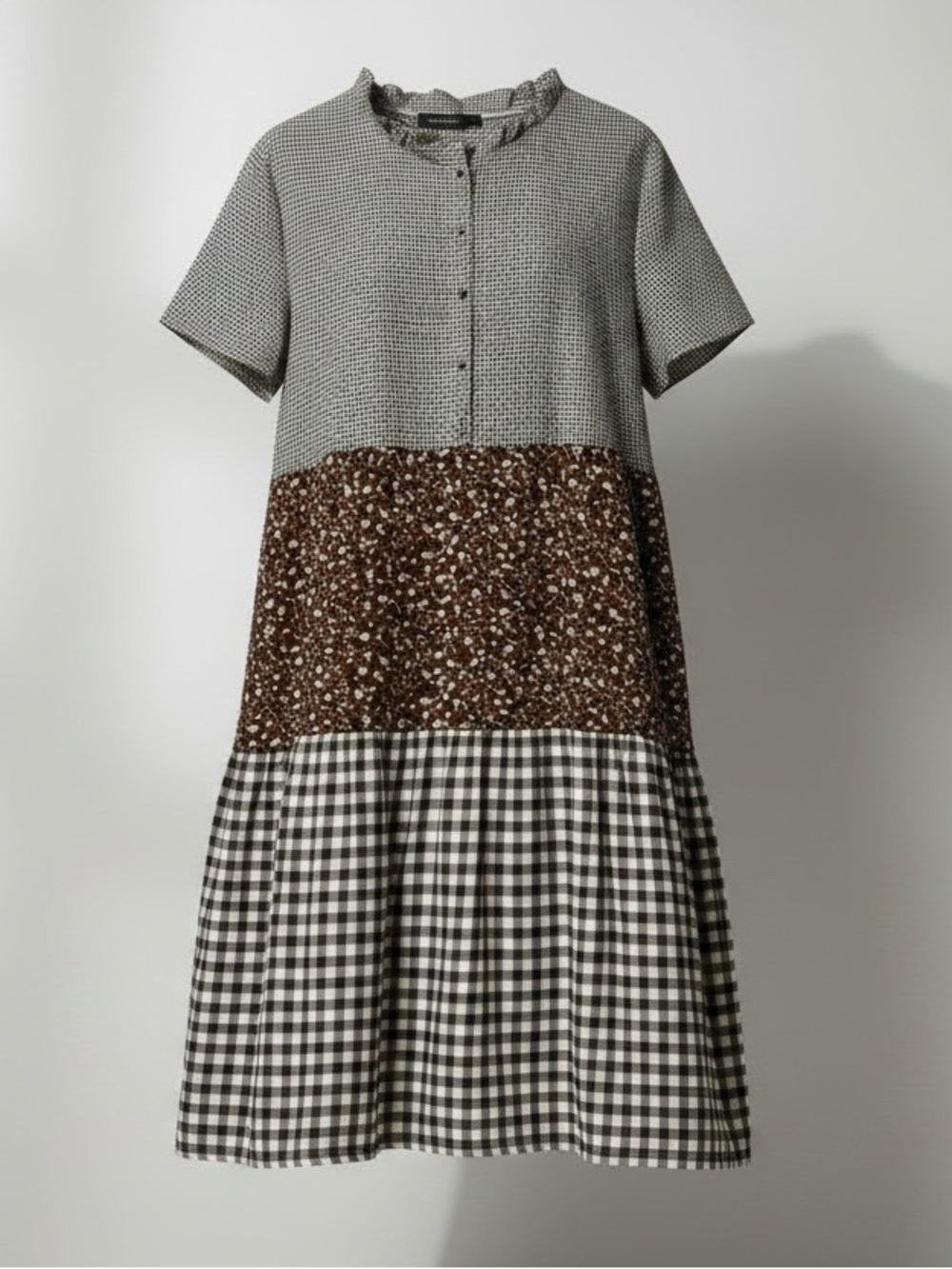 Gingham Check & Floral Tiered Ruffled Brown Prairie Cottagecore Dress NWT